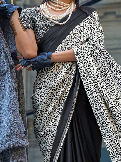 Women's Satin Black Printed Designer Saree With Blouse Piece