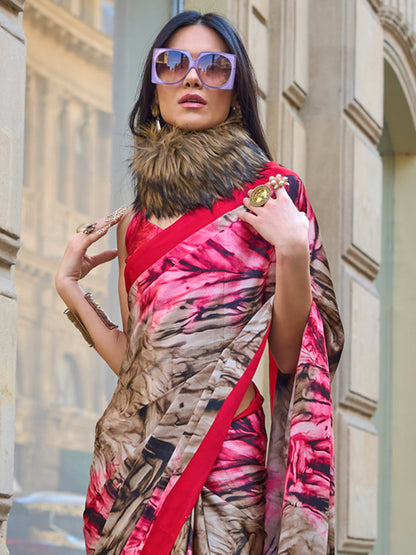 Women's Satin Beige Printed Designer Saree With Blouse Piece