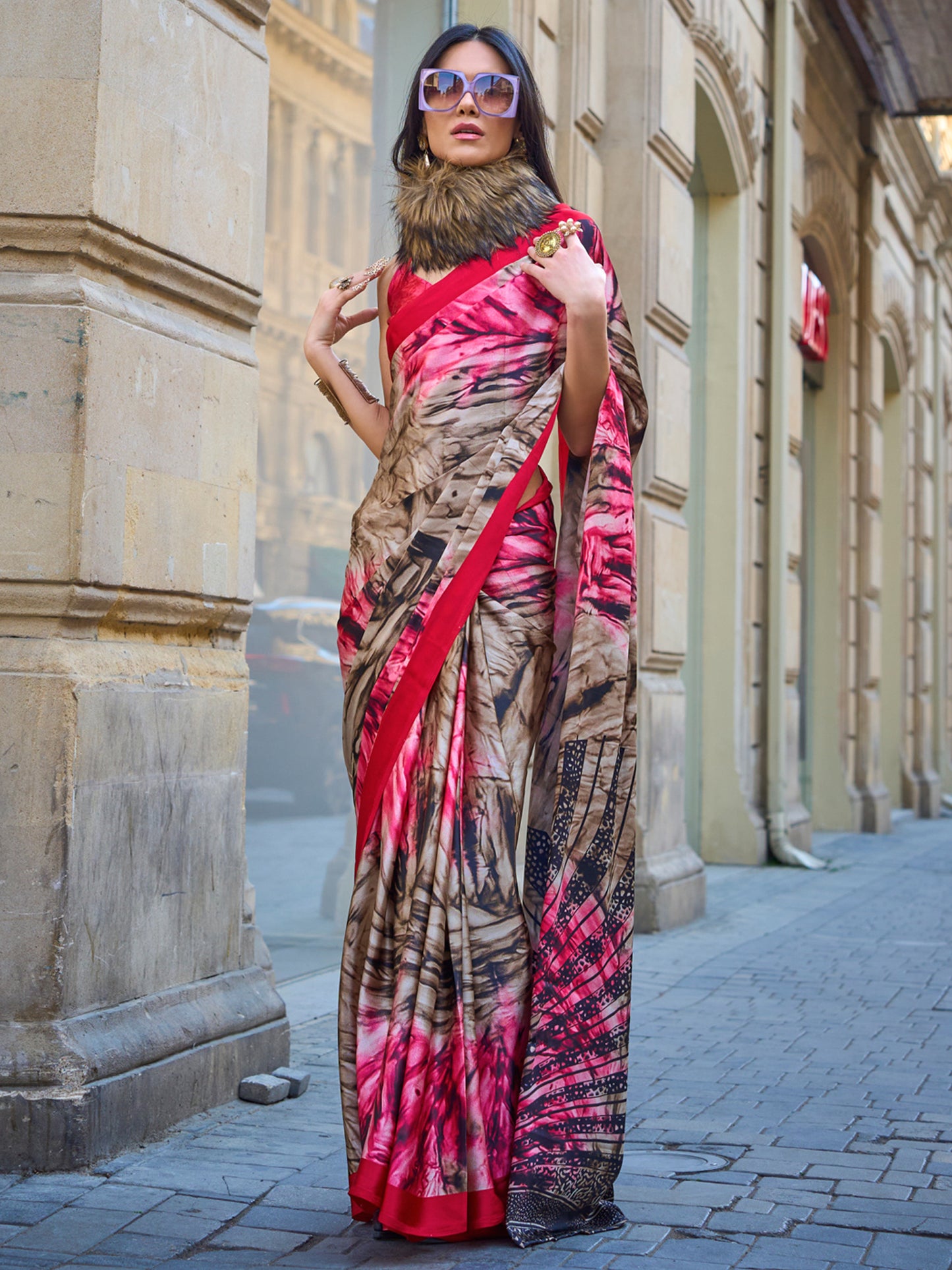 Women's Satin Beige Printed Designer Saree With Blouse Piece