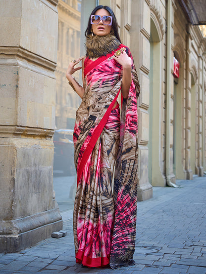 Women's Satin Beige Printed Designer Saree With Blouse Piece