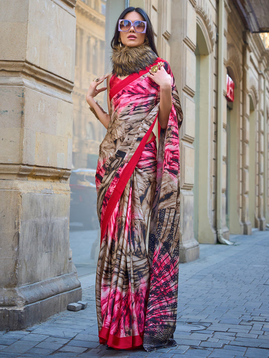 Women's Satin Beige Printed Designer Saree With Blouse Piece