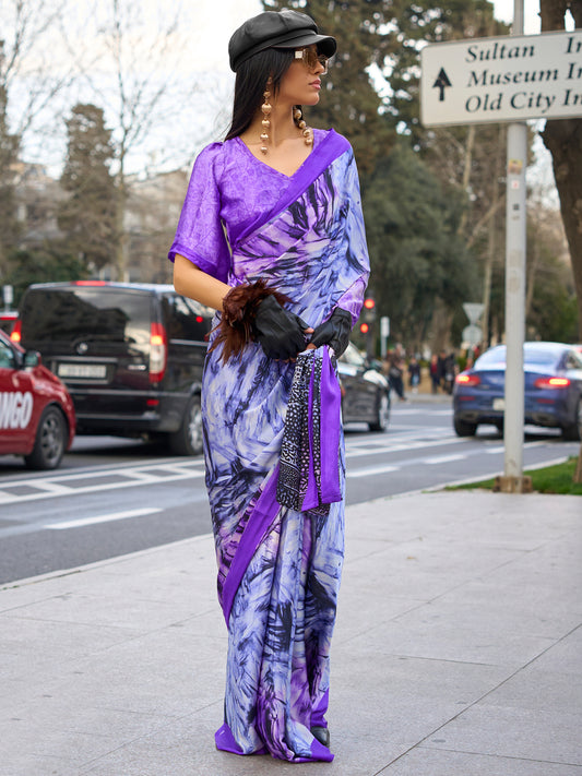 Women's Satin Lavendar Printed Designer Saree With Blouse Piece