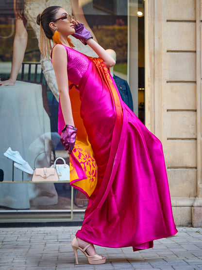 Women's Satin Pink Printed Designer Saree With Blouse Piece