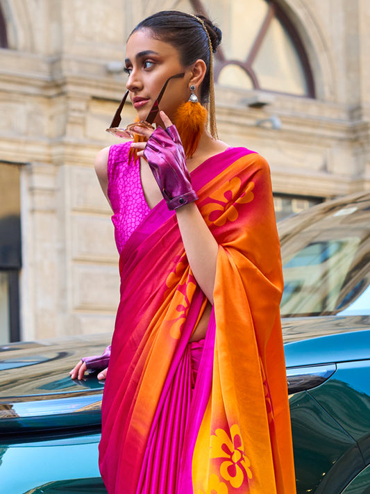 Women's Satin Pink Printed Designer Saree With Blouse Piece