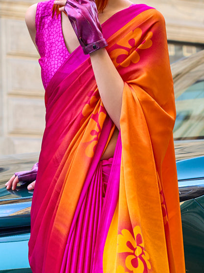 Women's Satin Pink Printed Designer Saree With Blouse Piece