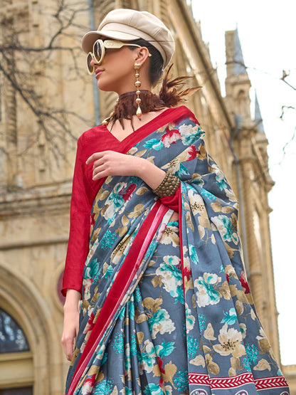 Women's Satin Grey Printed Designer Saree With Blouse Piece