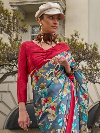 Women's Satin Grey Printed Designer Saree With Blouse Piece