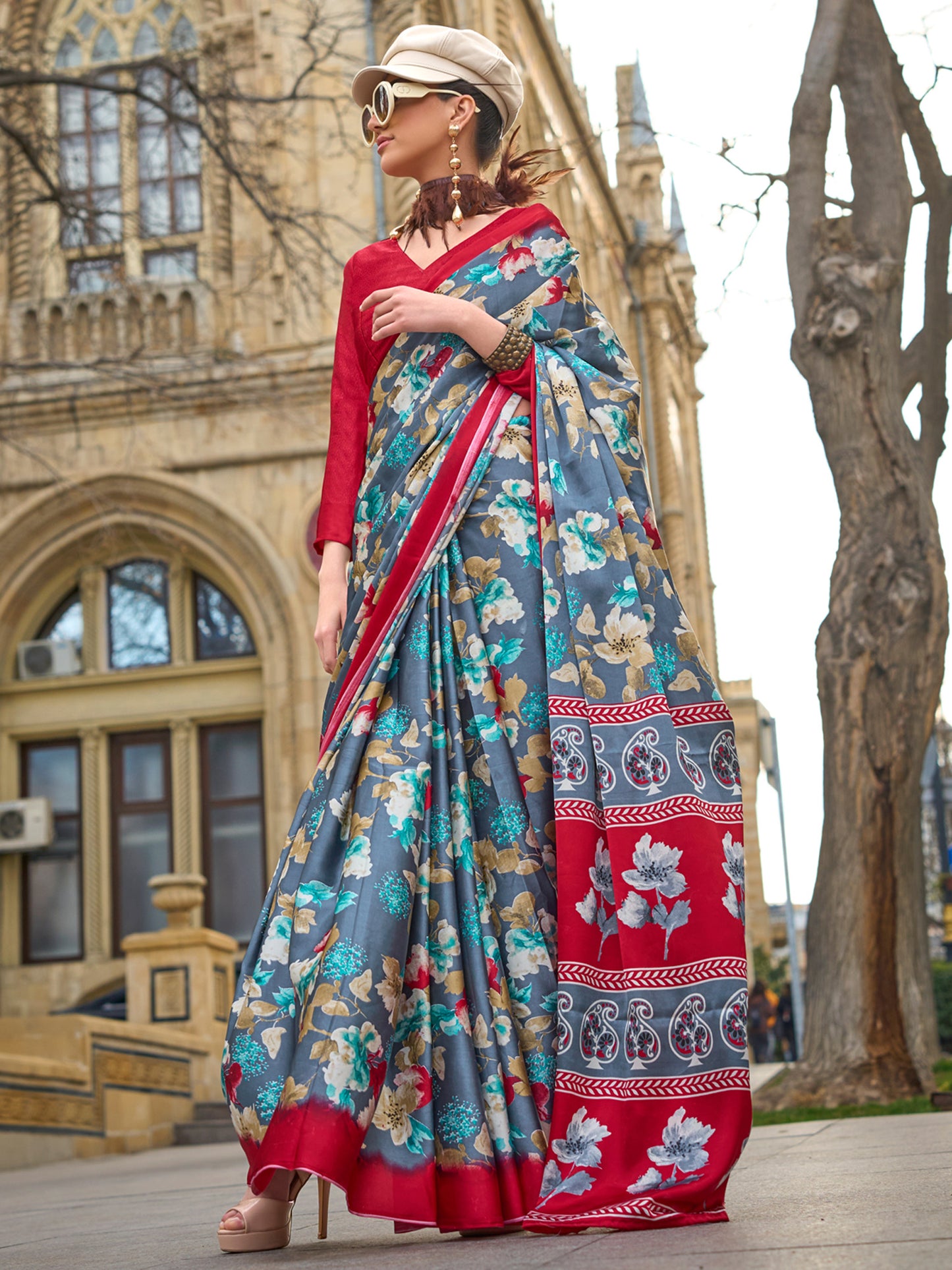 Women's Satin Grey Printed Designer Saree With Blouse Piece