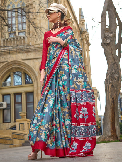 Women's Satin Grey Printed Designer Saree With Blouse Piece