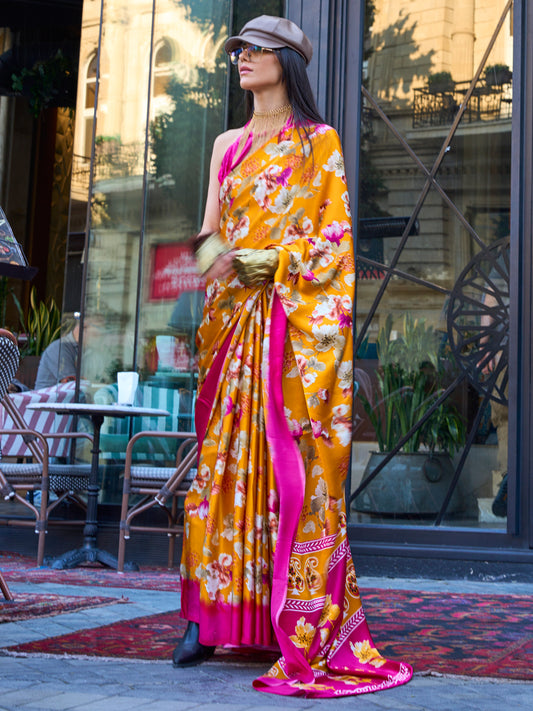 Women's Satin Mustard Printed Designer Saree With Blouse Piece