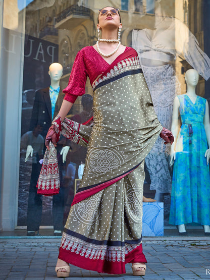 Women's Satin Olive Printed Designer Saree With Blouse Piece