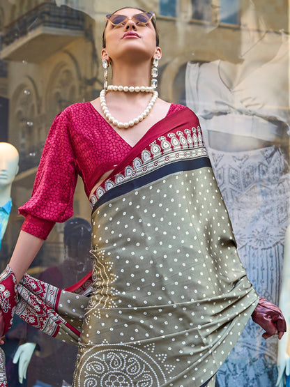 Women's Satin Olive Printed Designer Saree With Blouse Piece