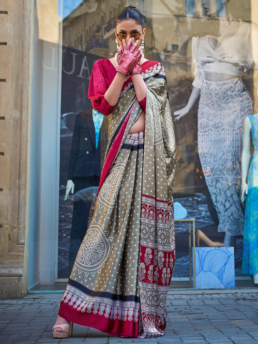 Women's Satin Olive Printed Designer Saree With Blouse Piece