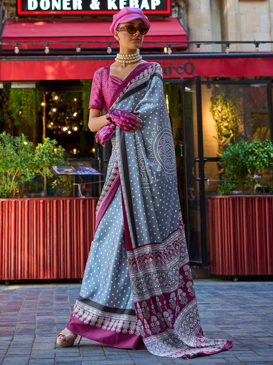 Women's Satin Grey Printed Designer Saree With Blouse Piece