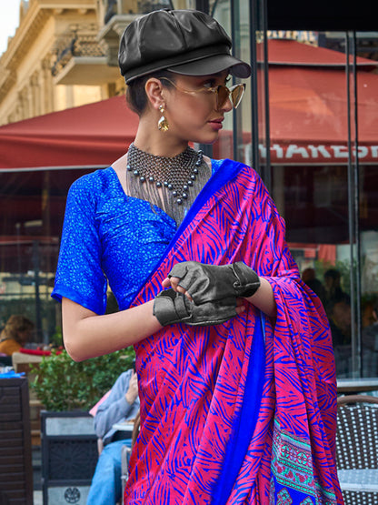 Women's Satin Pink Printed Designer Saree With Blouse Piece