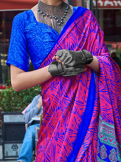 Women's Satin Pink Printed Designer Saree With Blouse Piece