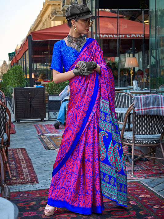Women's Satin Pink Printed Designer Saree With Blouse Piece