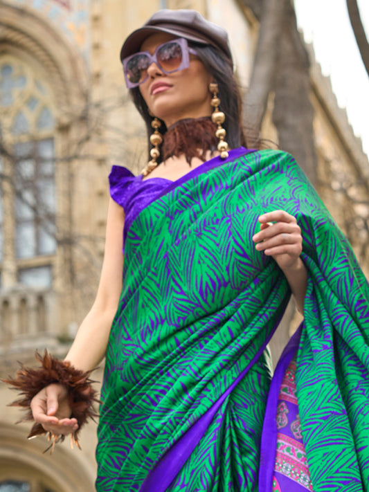 Women's Satin Green Printed Designer Saree With Blouse Piece