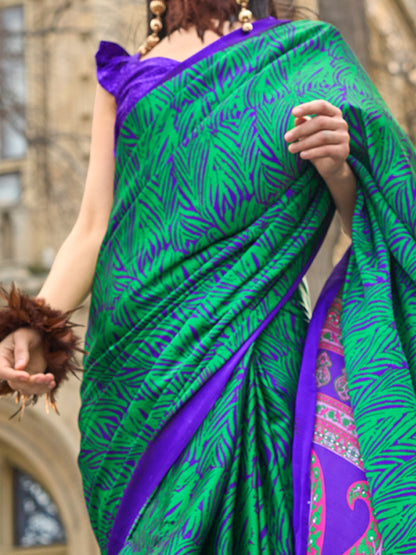 Women's Satin Green Printed Designer Saree With Blouse Piece