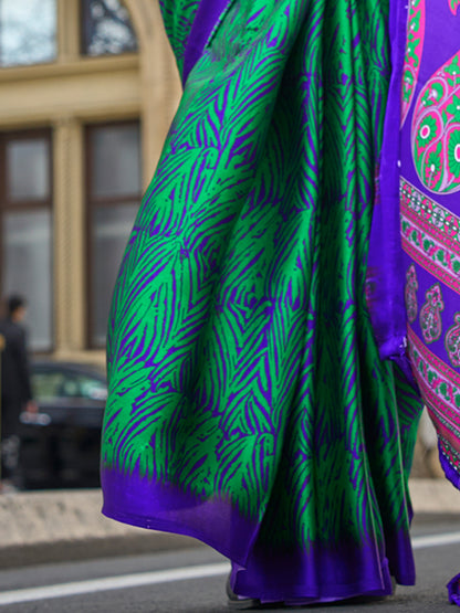 Women's Satin Green Printed Designer Saree With Blouse Piece