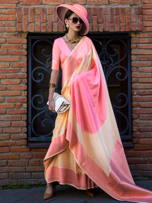 Women's Soft Silk Cream Woven Design Designer Saree With Blouse Piece