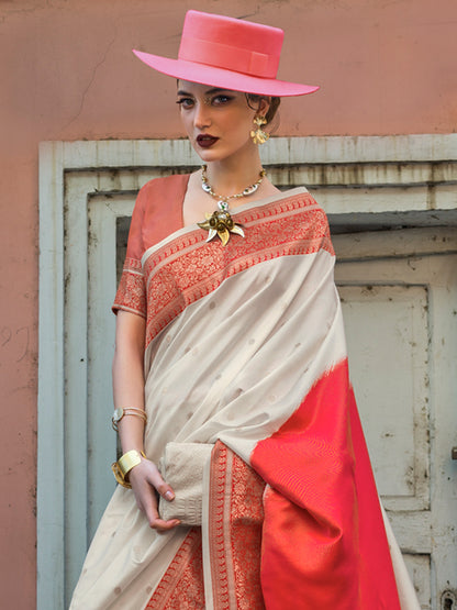 Women's Soft Silk Beige Woven Design Designer Saree With Blouse Piece