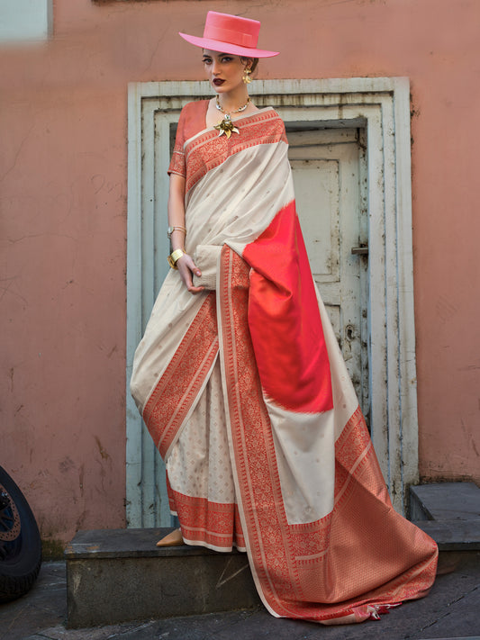 Women's Soft Silk Beige Woven Design Designer Saree With Blouse Piece