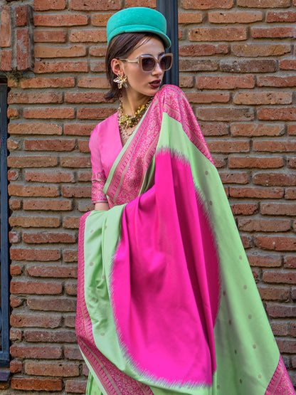 Women's Soft Silk Light Green Woven Design Designer Saree With Blouse Piece