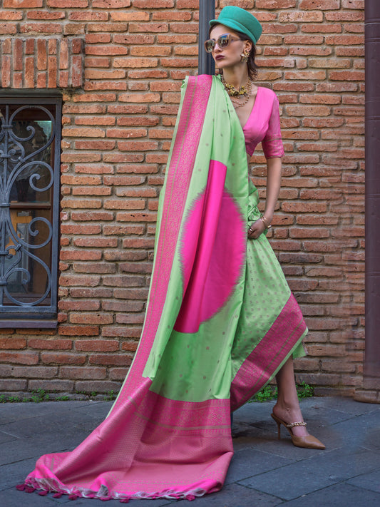 Women's Soft Silk Light Green Woven Design Designer Saree With Blouse Piece