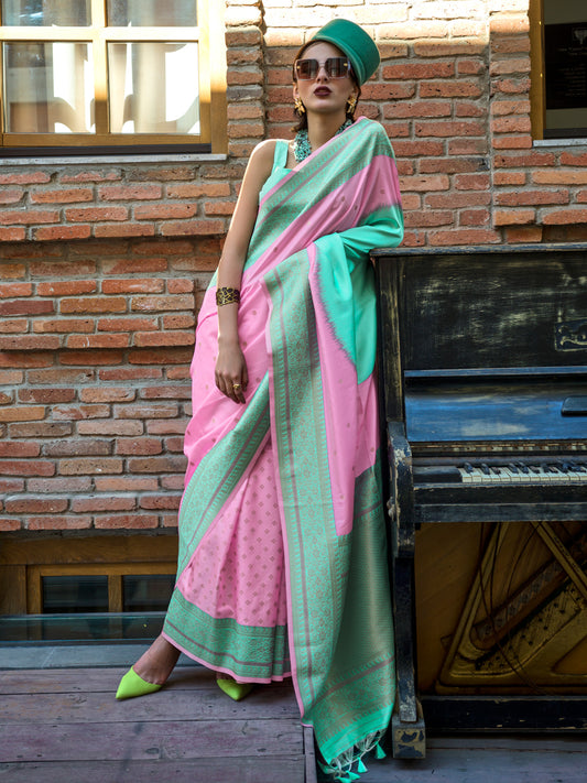 Women's Soft Silk Pink Woven Design Designer Saree With Blouse Piece