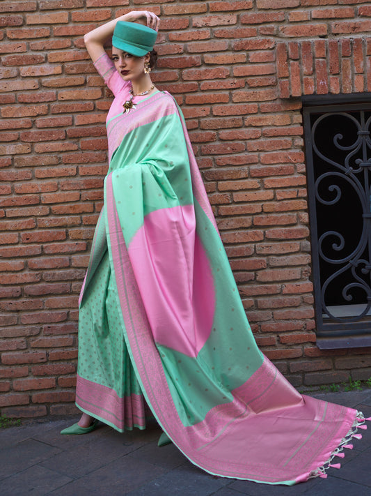 Women's Soft Silk Sea Green Woven Design Designer Saree With Blouse Piece