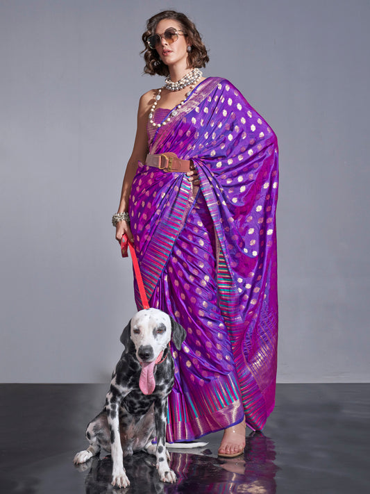 Women's Silk Blend Purple Woven Design Handloom Saree With Blouse Piece