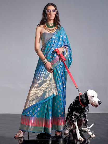 Women's Silk Blend Teal blue Woven Design Handloom Saree With Blouse Piece
