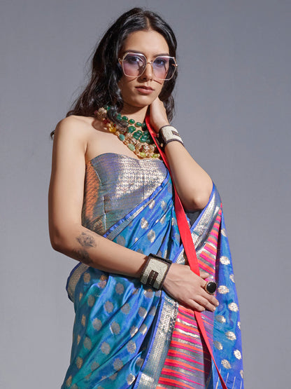 Women's Silk Blend Teal blue Woven Design Handloom Saree With Blouse Piece