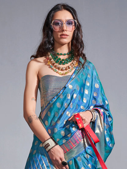 Women's Silk Blend Teal blue Woven Design Handloom Saree With Blouse Piece