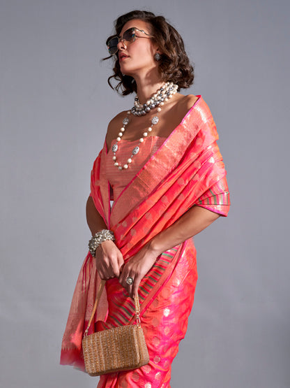 Women's Silk Blend Peach Woven Design Handloom Saree With Blouse Piece