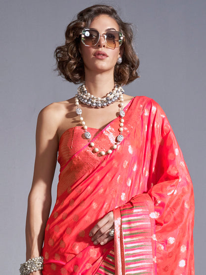 Women's Silk Blend Peach Woven Design Handloom Saree With Blouse Piece