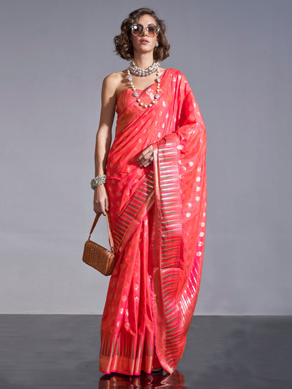 Women's Silk Blend Peach Woven Design Handloom Saree With Blouse Piece