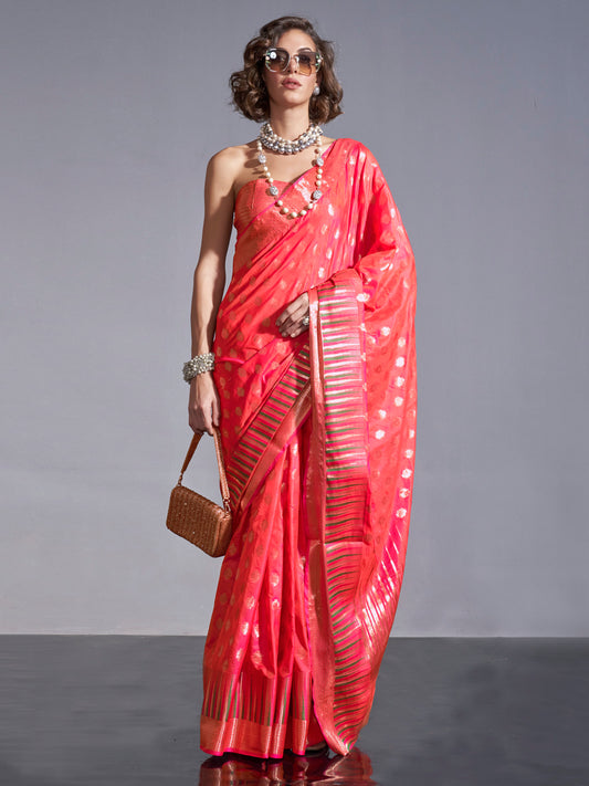 Women's Silk Blend Peach Woven Design Handloom Saree With Blouse Piece