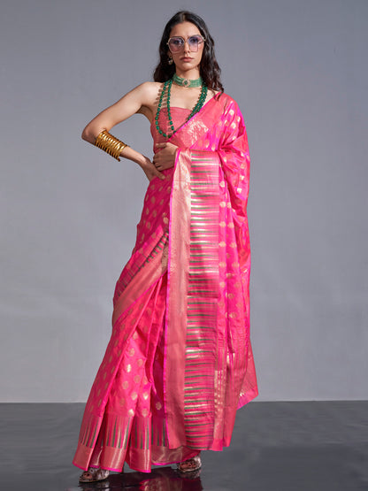 Women's Silk Blend Pink Woven Design Handloom Saree With Blouse Piece
