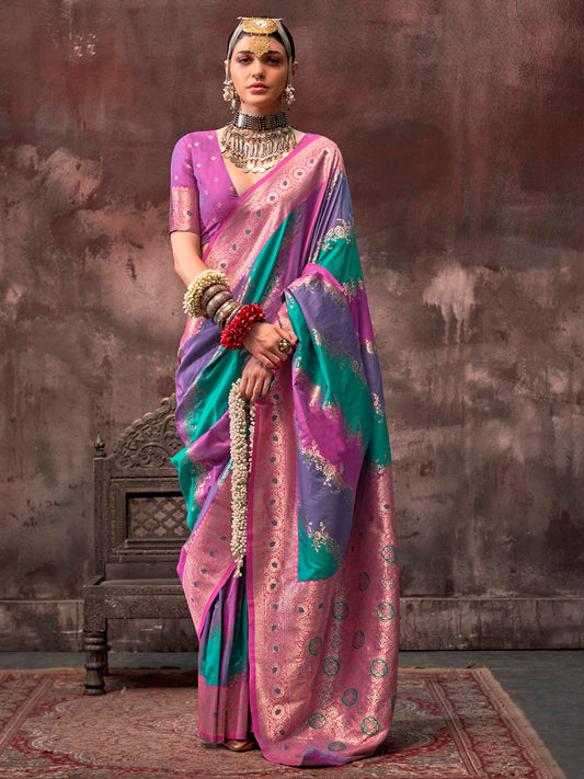 Women's Silk Blend Pink Woven Design Designer Saree With Blouse Piece