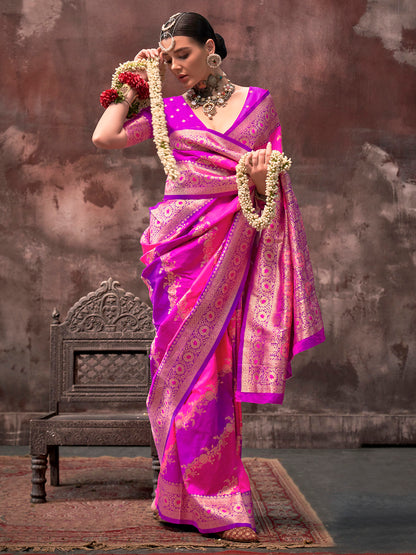 Women's Silk Blend Magenta Woven Design Designer Saree With Blouse Piece