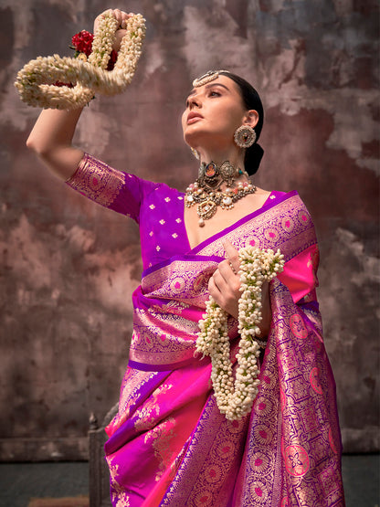 Women's Silk Blend Magenta Woven Design Designer Saree With Blouse Piece
