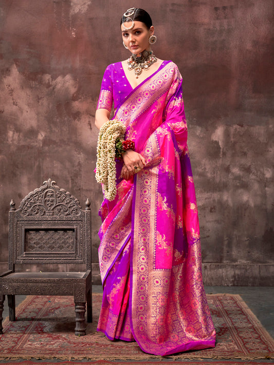 Women's Silk Blend Magenta Woven Design Designer Saree With Blouse Piece