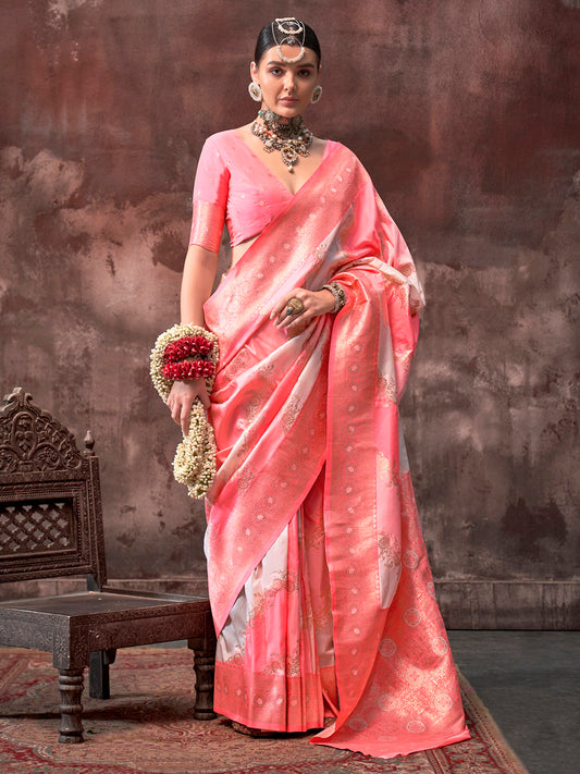 Women's Silk Blend Peach Woven Design Designer Saree With Blouse Piece