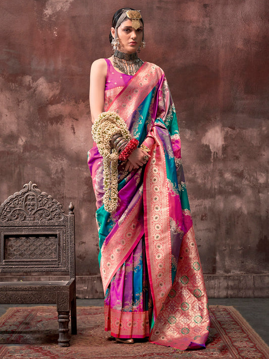 Women's Silk Blend Magenta Woven Design Designer Saree With Blouse Piece