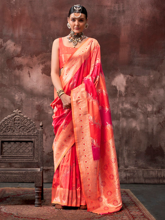 Women's Silk Blend Orange Woven Design Designer Saree With Blouse Piece