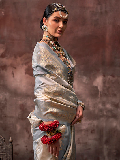 Women's Silk Blend Grey Woven Design Designer Saree With Blouse Piece