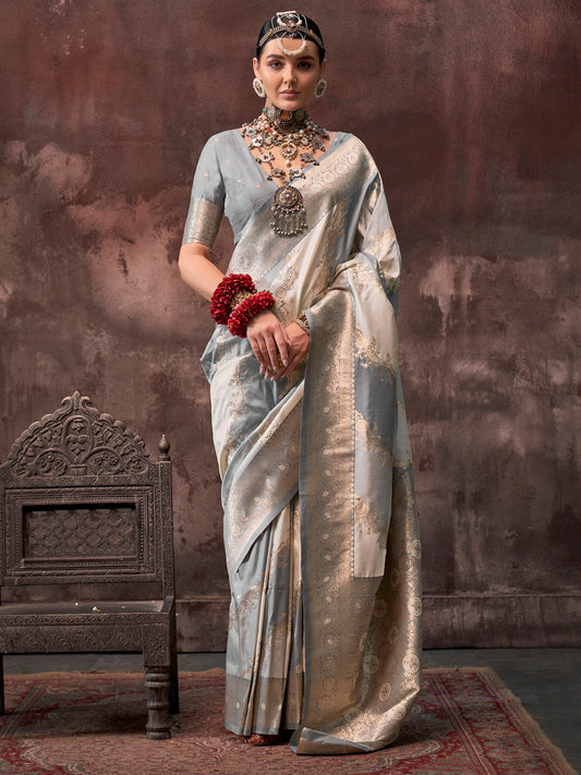 Women's Silk Blend Grey Woven Design Designer Saree With Blouse Piece