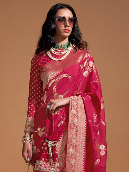 Women's Georgette Pink Woven Design Designer Saree With Blouse Piece